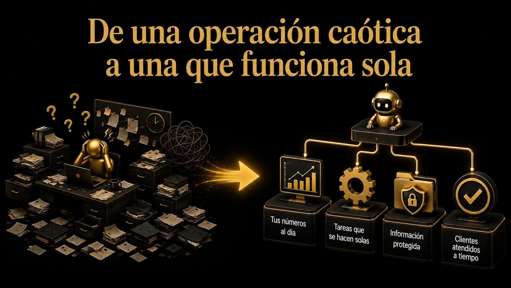 De una operación caótica a una que funciona sola: a la izquierda un escritorio de oficina abrumado de papeles; a la derecha cuatro módulos ordenados funcionando solos — tus números al día, tareas que se hacen solas, información protegida y clientes atendidos a tiempo.