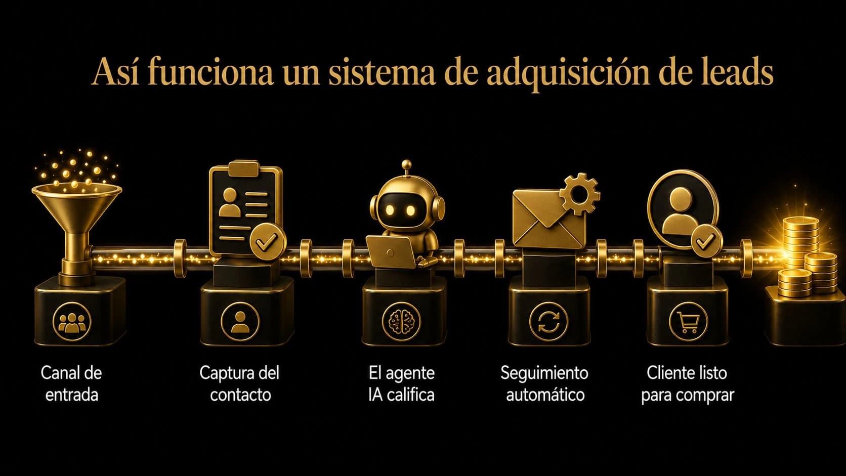 Así funciona un sistema de adquisición de leads: canal de entrada, captura del contacto, el agente IA califica, seguimiento automático y cliente listo para comprar — cinco etapas conectadas en un solo flujo.